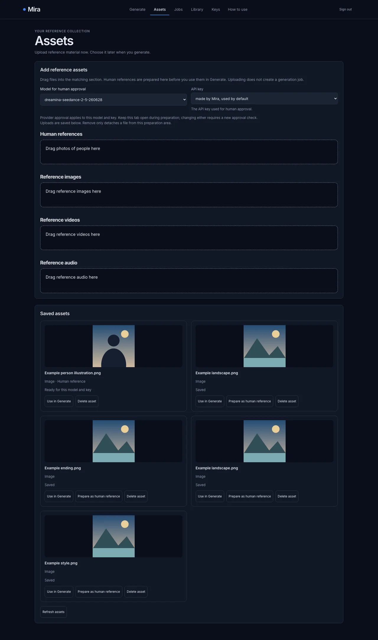 Assets with separate upload sections and saved reference cards
