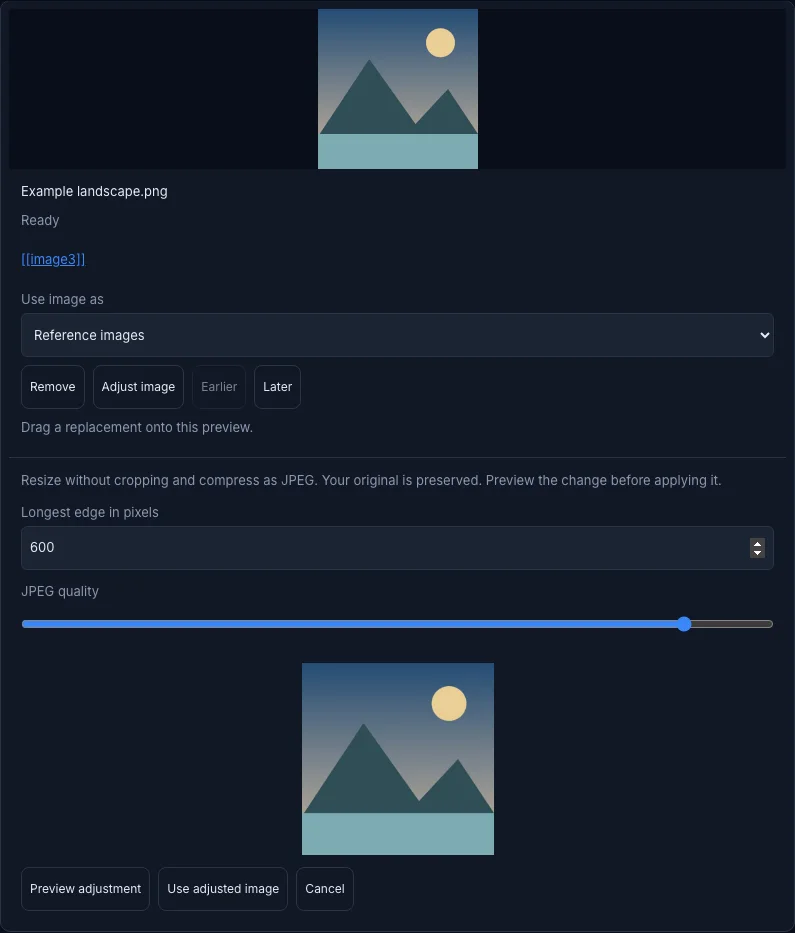 Image adjustment controls with an adjusted image preview and explicit apply and cancel actions