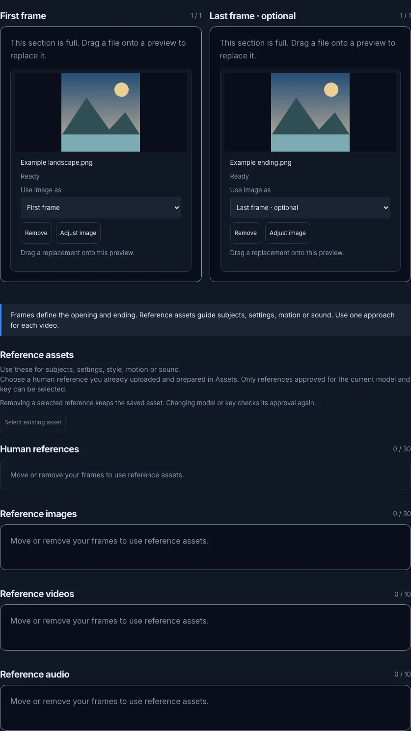 First and last frame previews with Ready status and reference assets unavailable