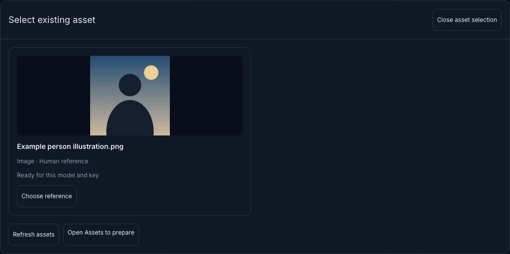 Generate asset picker dialog with saved images and preparation guidance