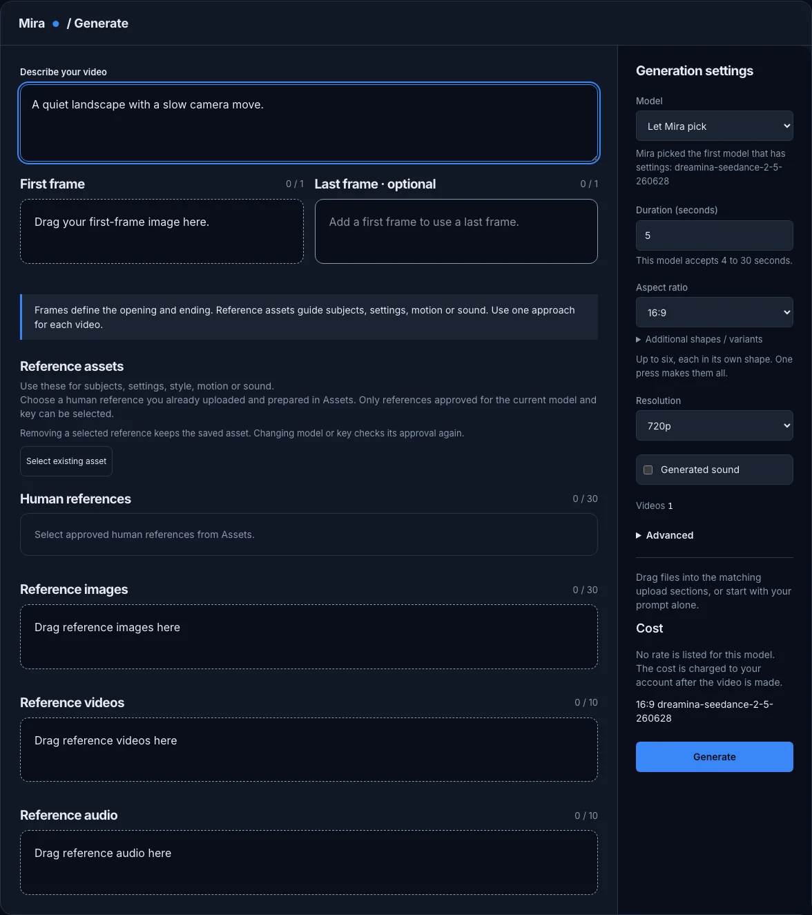 Generate with five visible drag areas and Seedance 2.5 generation settings
