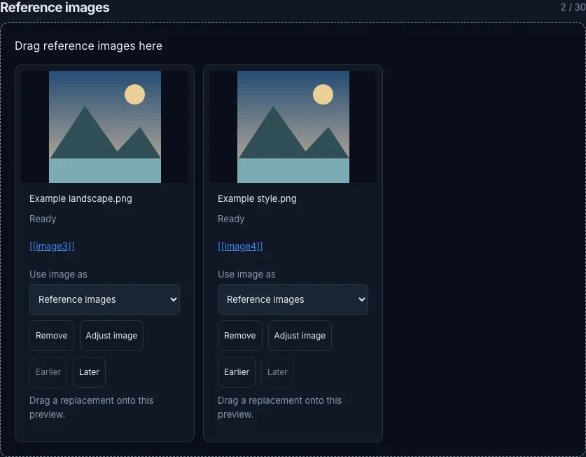 Two reference image previews with stable labels, ordering and replacement controls