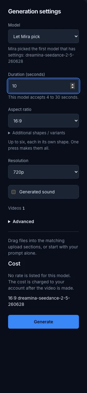 Seedance 2.5 settings with ten-second duration, aspect ratio, variants, resolution, sound and Generate