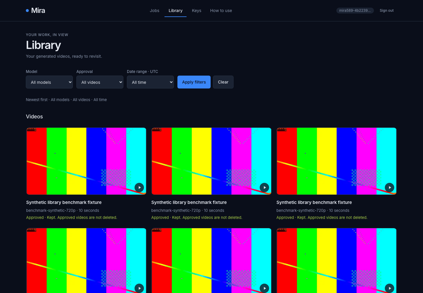 Library with model, approval and date filters above static video preview cards