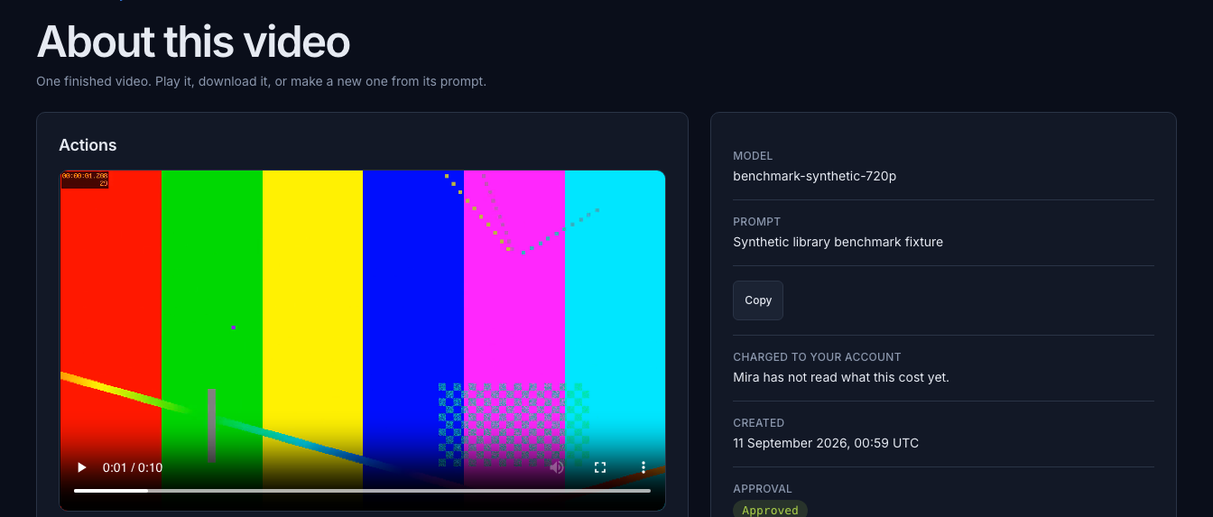 Video detail excerpt with a test-pattern video, playback controls and generation details